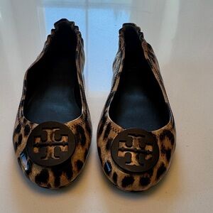 Tory Burch Leopard Print Reva Flats with Black Logo
